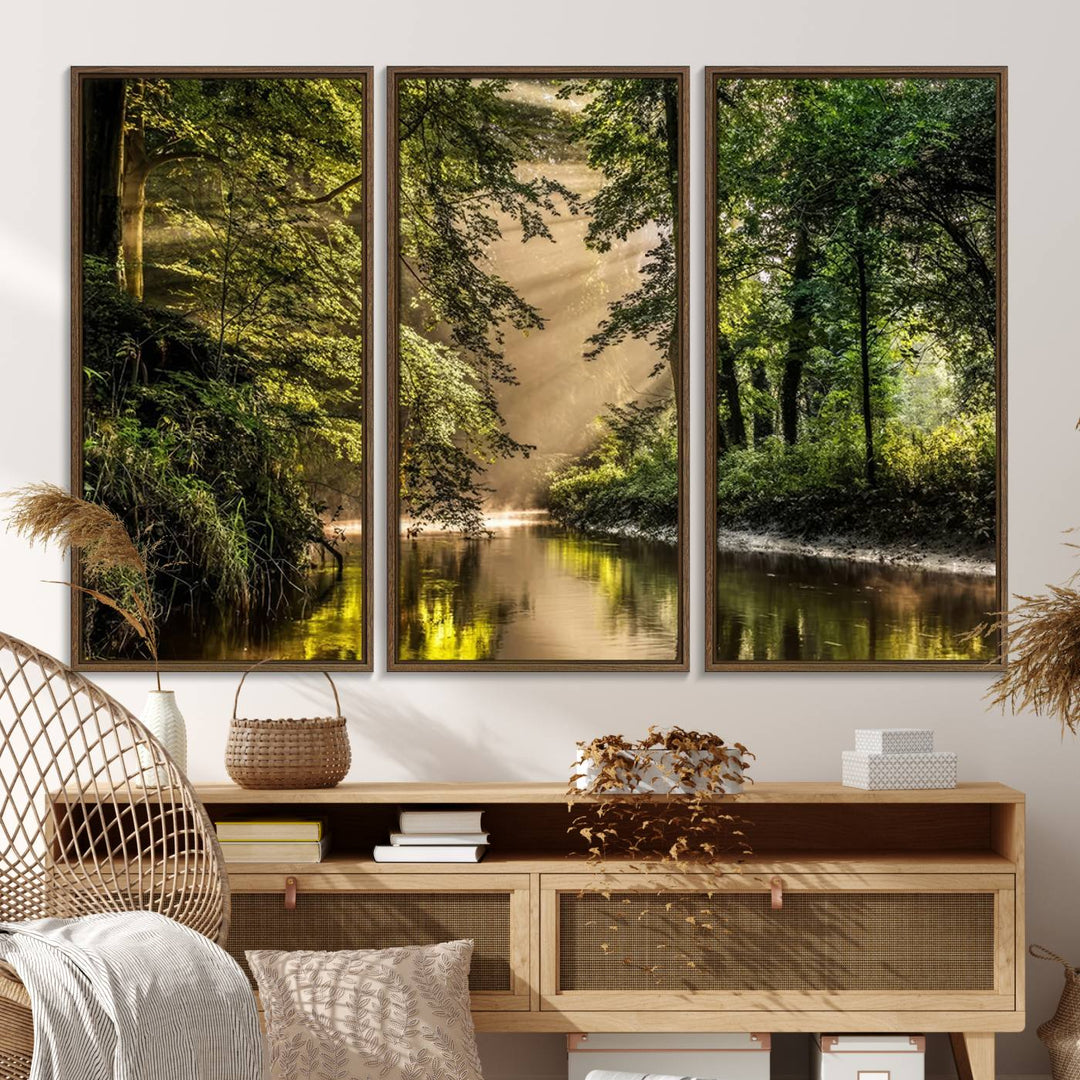 Forest Wall Art Print: A river landscape bathed in sunlight, perfect for rustic decor or as wall art for farmhouses and cabins.