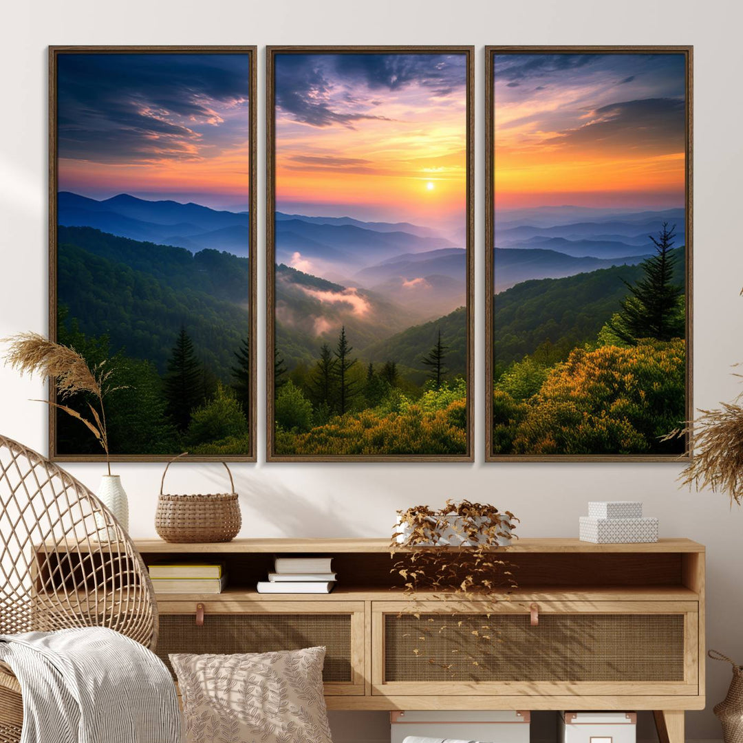 The Majestic Mountain Sunrise Print features a vibrant sky, layered hills, and evergreens, making it a stunning piece of wall decor.