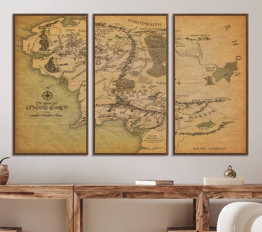 Vintage J.R.R. Tolkien Middle-Earth Map 3 Panel Canvas, perfect as wall art for home or office decor.