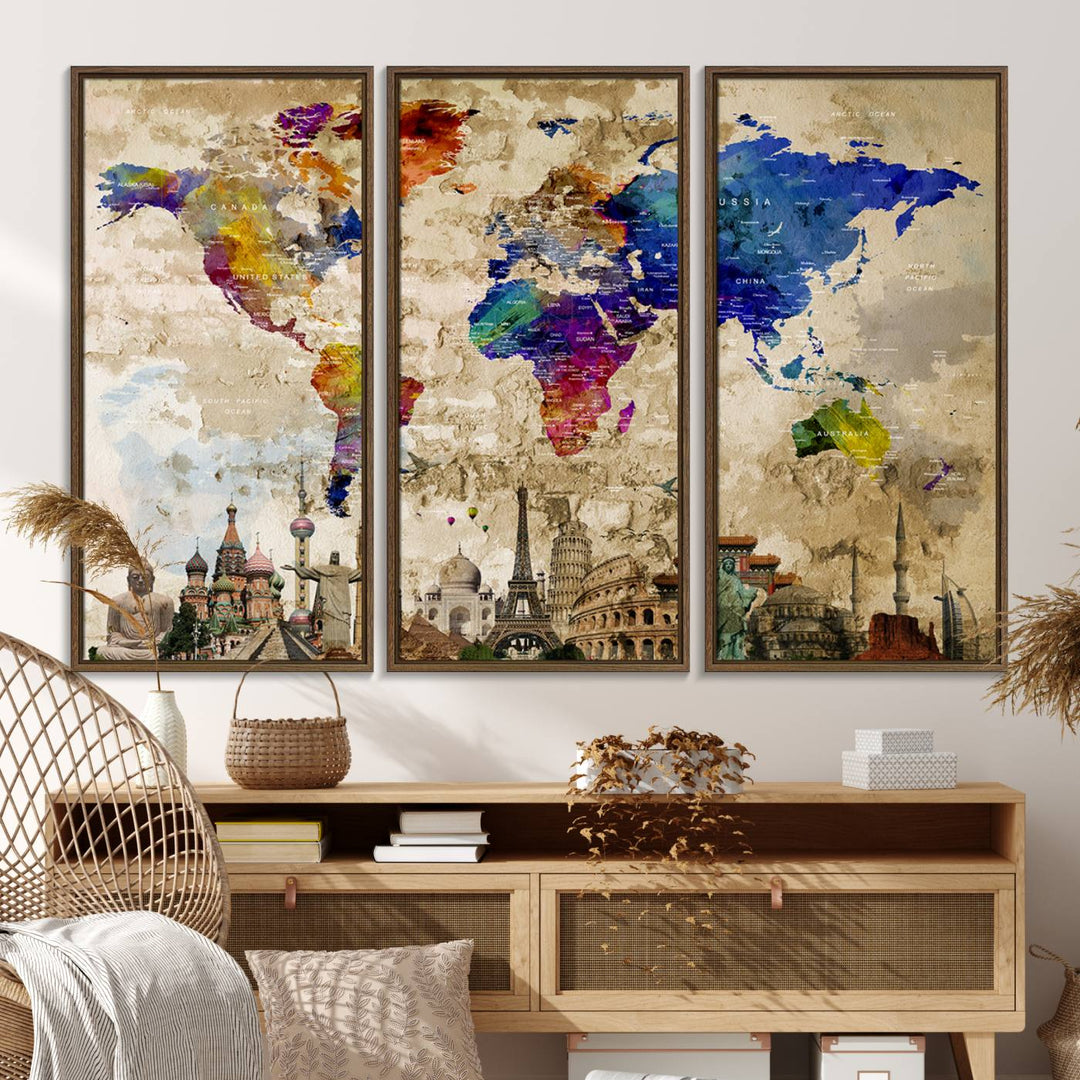 Artistic world map featuring landmarks like the Eiffel Tower, printed on premium wall art for office or living space.