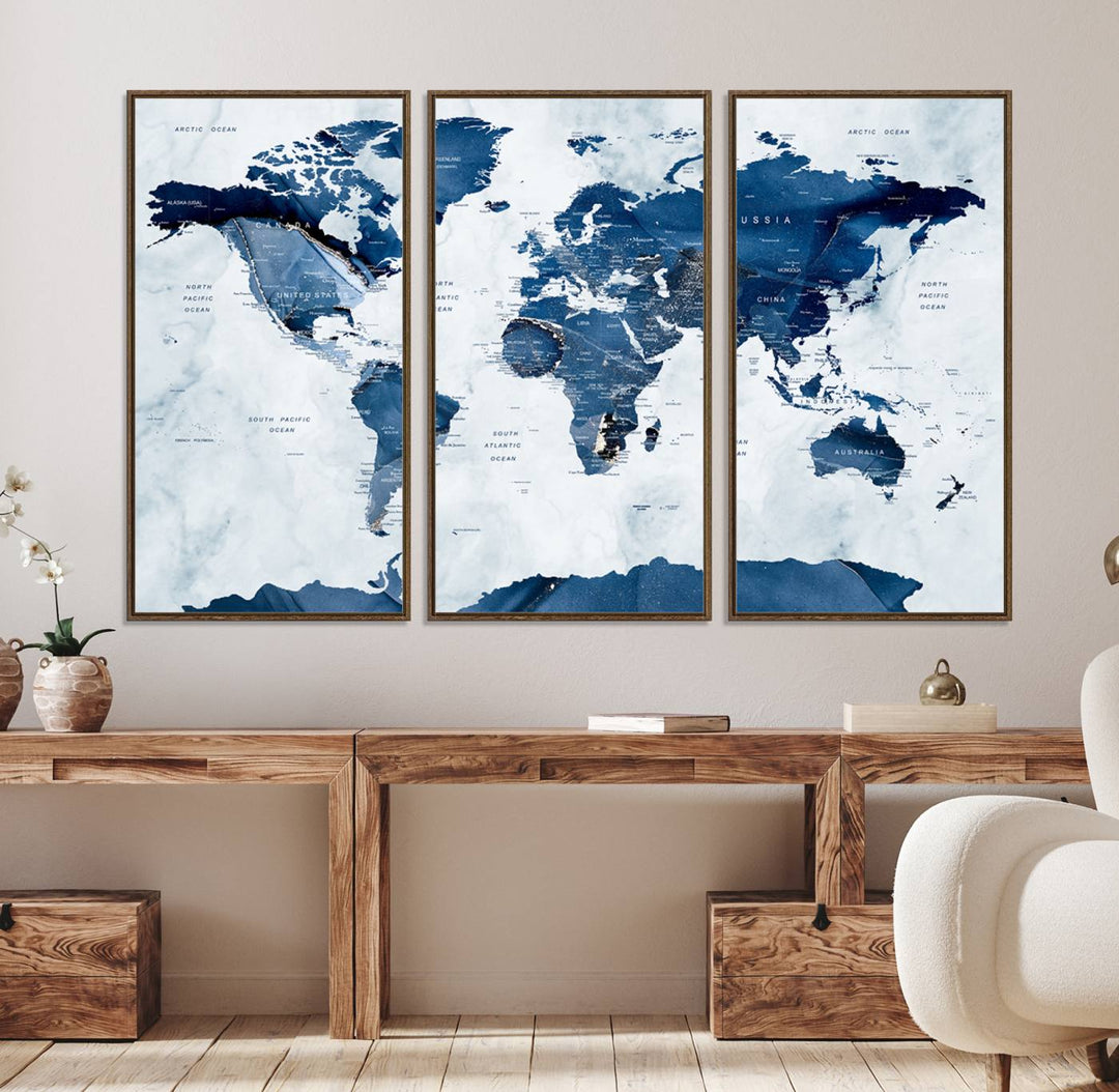 Navy Blue World Map with Antarctica Canvas: A perfect abstract home decor piece featuring a grunge-stained background.