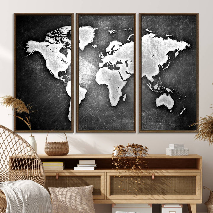 Black & White 3-Panel Framed World Map Canvas Art with Grunge Design.