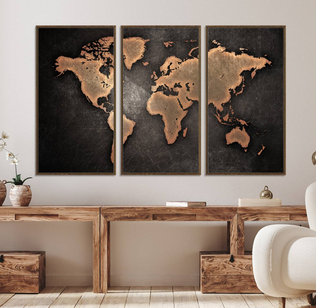 Maroon World Map Wall Art: Copper continents on a grunge-stained canvas, ideal for enhancing your decor.