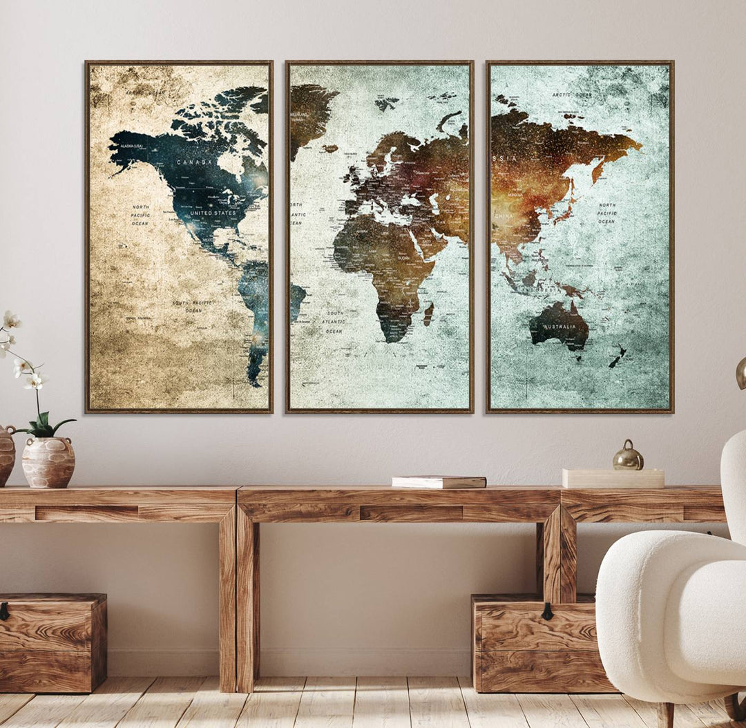 The Push Pin World Map Canvas Print serves as an ideal piece of wall art for travel lovers, showcasing vibrant colors and intricate details.