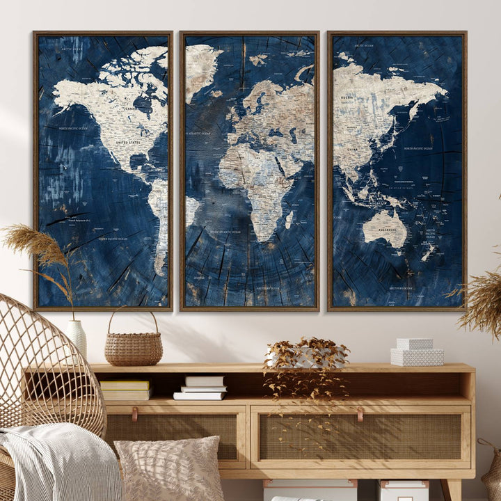 Rustic World Map Wall Art Canvas: Features a vintage blue design with a wood texture, highlighting continents in light hues.
