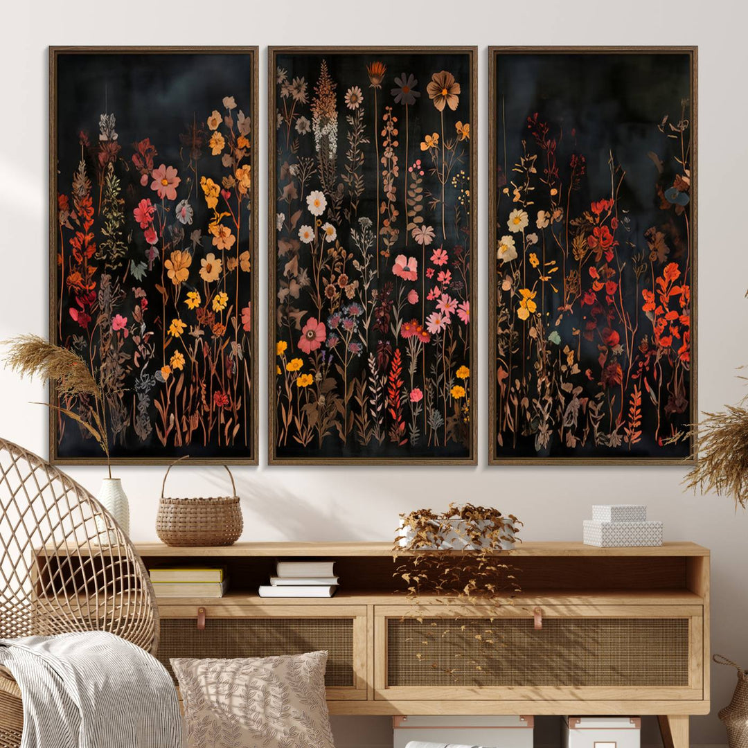 A large wildflower painting print on canvas featuring a colorful floral illustration, perfect as botanical decor for a stylish home.