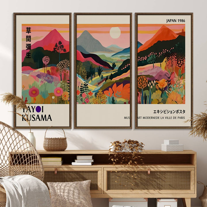 A vibrant abstract landscape by Yayoi Kusama adorns a Wabi Sabi ready-to-hang canvas print, featuring mountains and flowers.