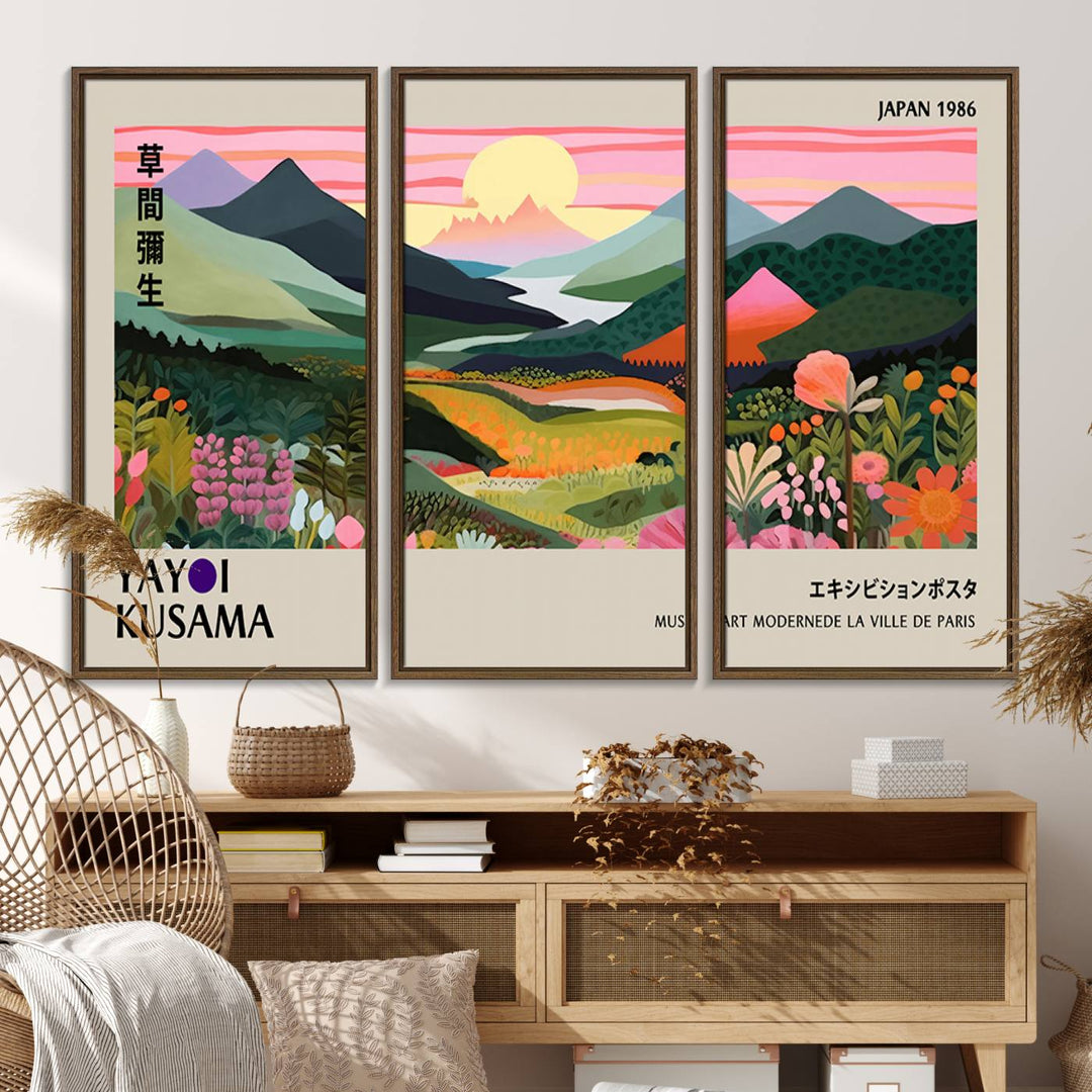 Vibrant abstract landscape canvas with mountains and fields, titled Yayoi Kusama 1986 Wall Art Print.