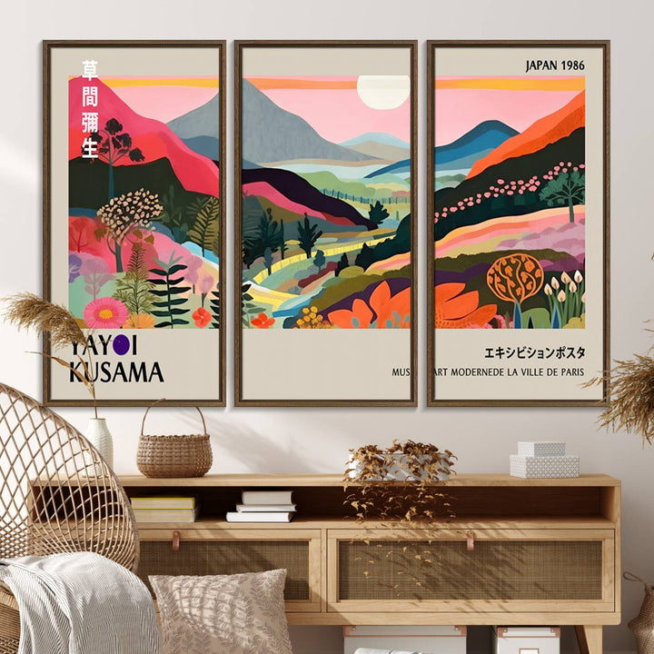 Vibrant abstract landscape canvas inspired by Yayoi Kusama, featuring mountains, trees, and flowers in a triptych style.