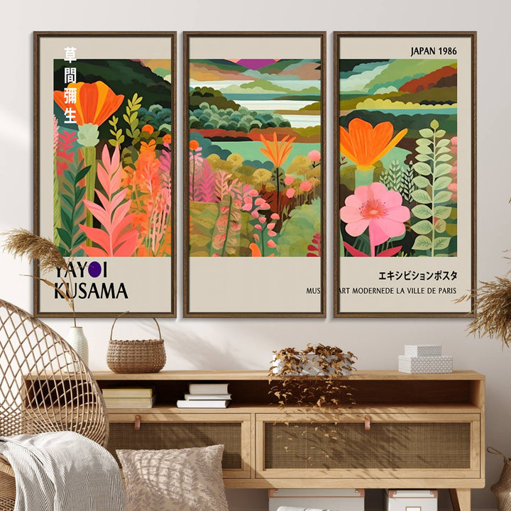 A vibrant 1986 Yayoi Kusama abstract landscape featuring flowers and hills on a canvas wall art print, ready-to-hang.