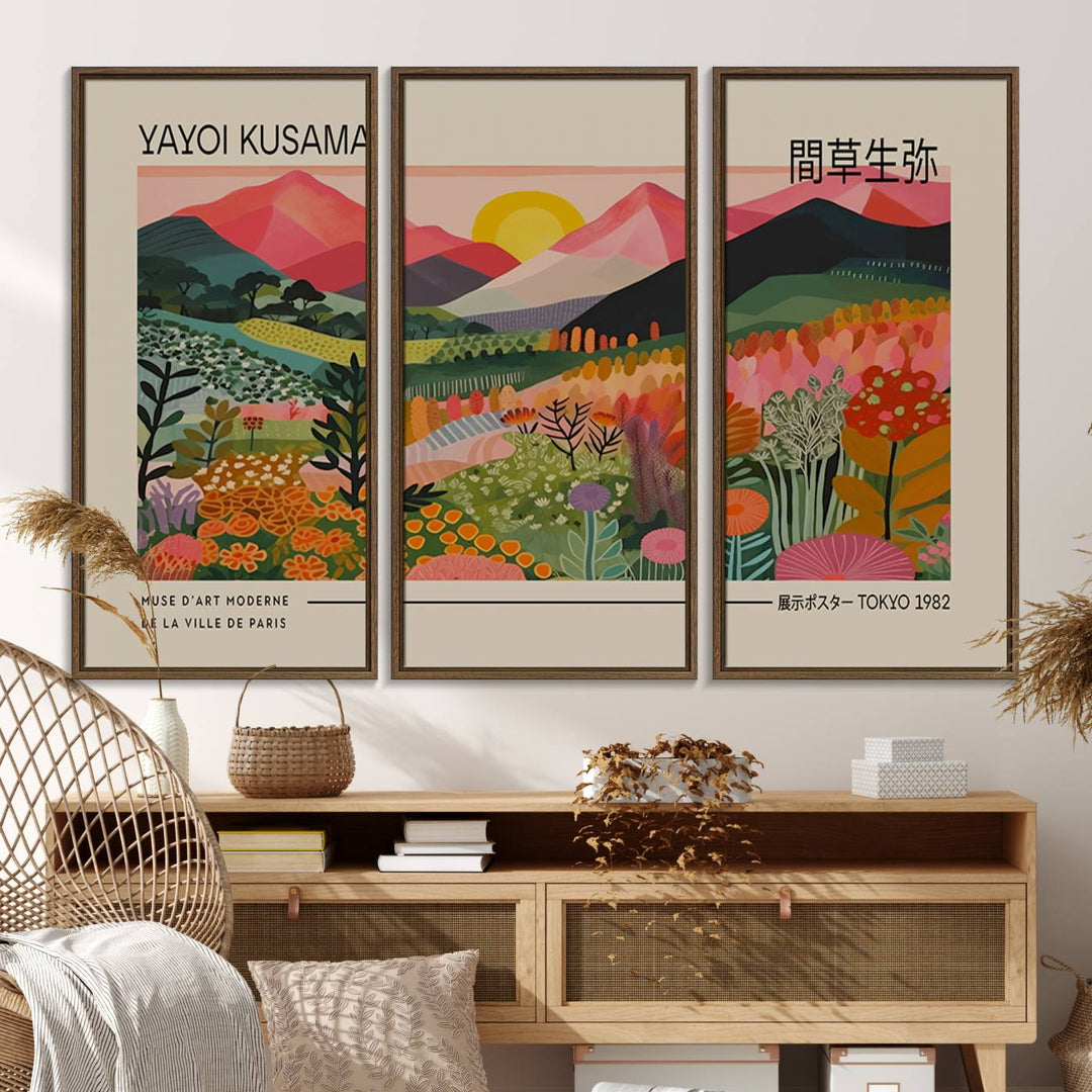 A vibrant abstract triptych features mountains, a sun, and plants in Yayoi Kusamas style with Japanese and French text included.