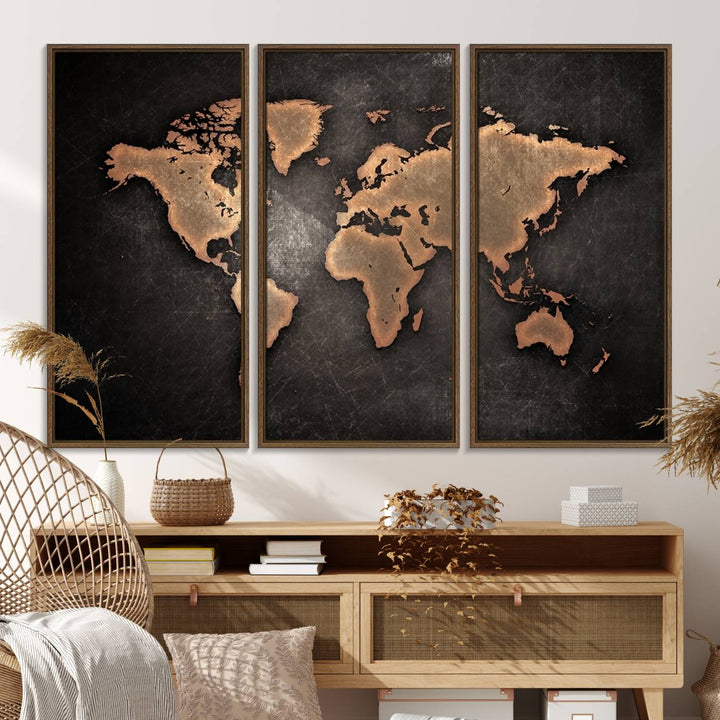 The Modern World Map on a metallic black canvas creates a striking effect.