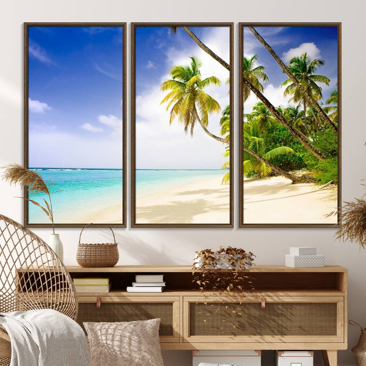 Tropical Beach Canvas: Palm Trees & White Sand Shore Decor, Vibrant Coastal Print, Ready to Hang.