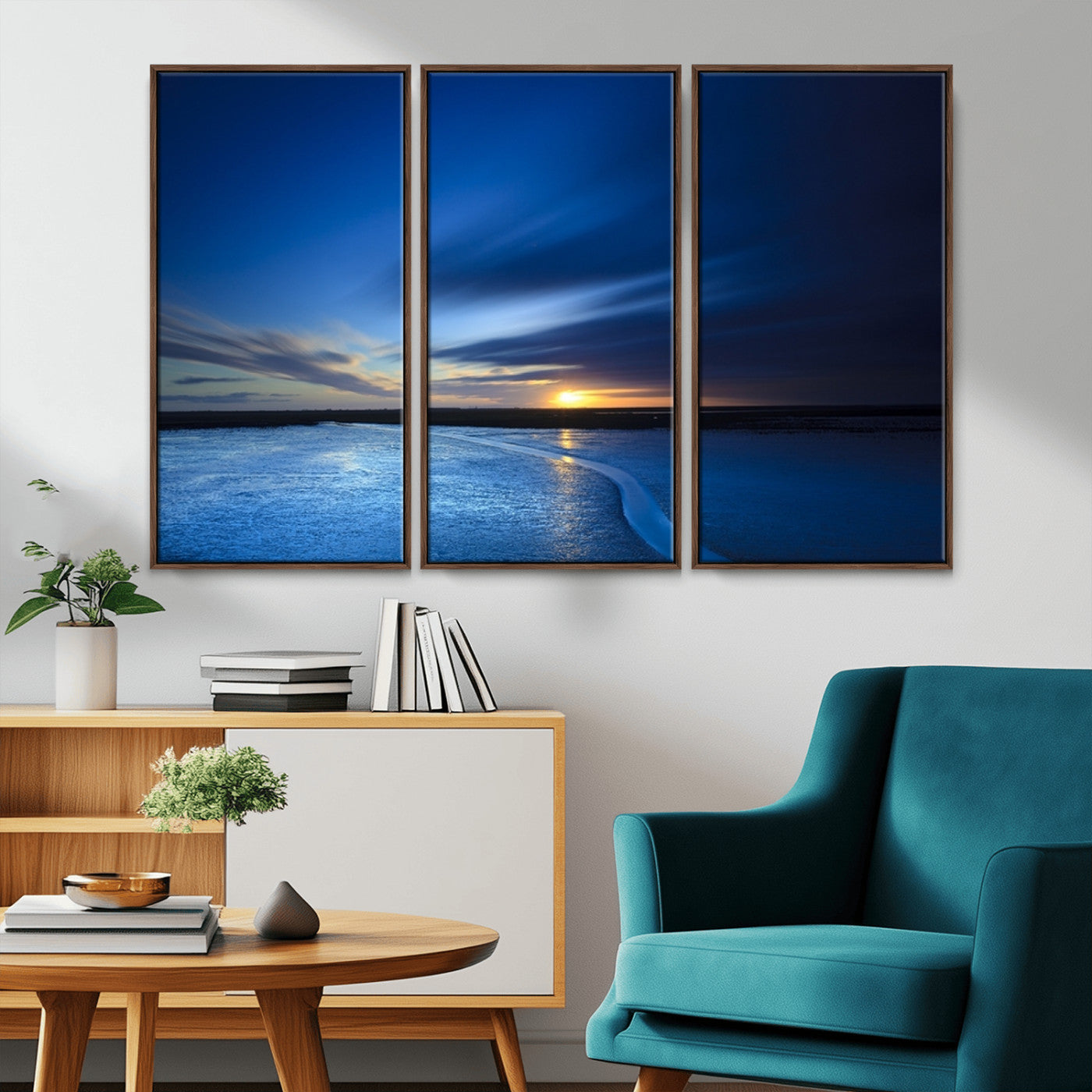 MGV-FC-48X32-3P - Blue Sunset Ocean Canvas Wall Art Print – Serene Coastal Horizon Wall Decor for Home or Office –