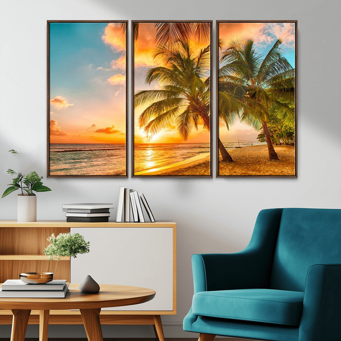 MGV-FC-48X32-3P - Tropical Sunset Beach Canvas Wall Art Print – Vibrant Palm Trees and Coastal Sunset Wall Decor for