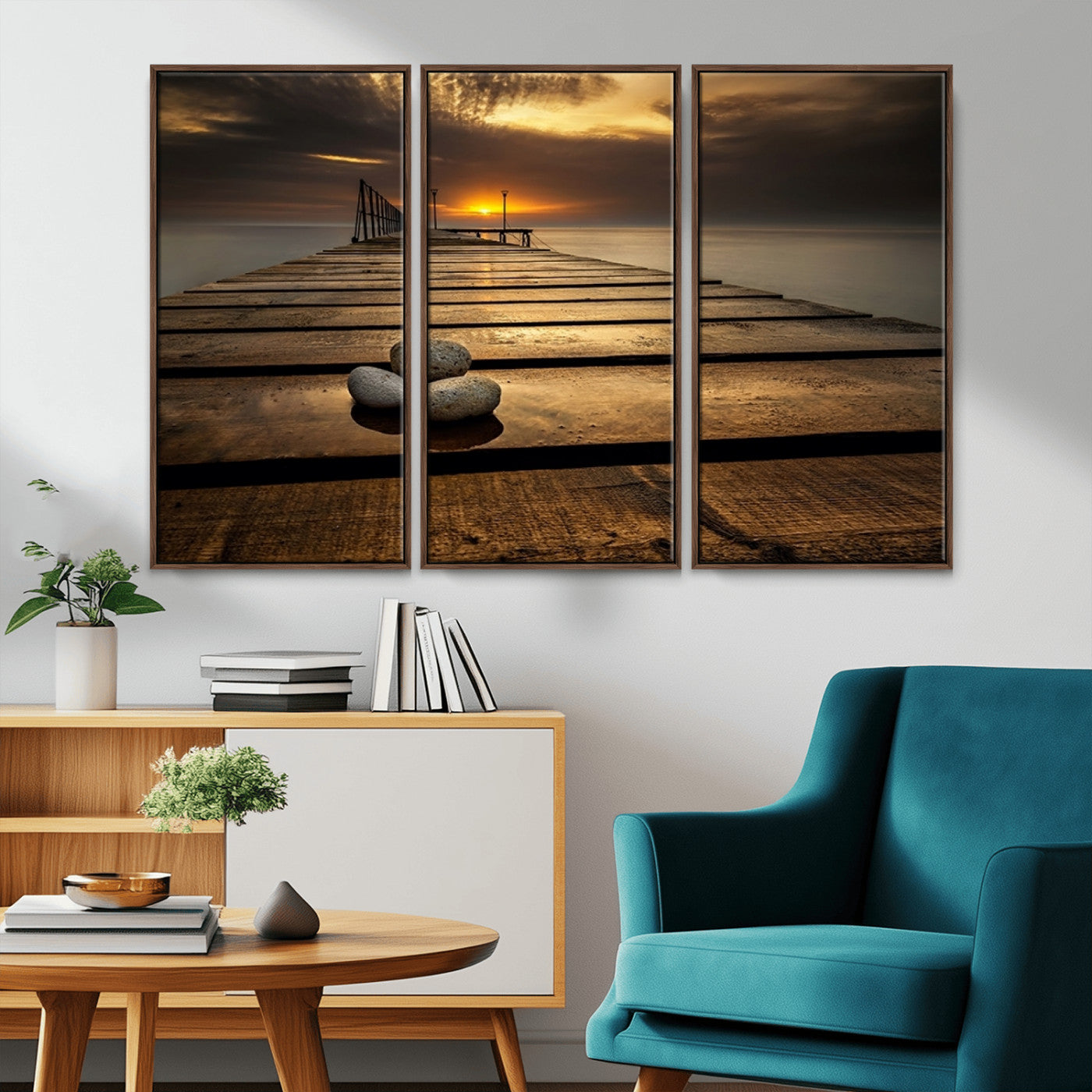 MGV-FC-48X32-3P - Stones on Wooden Pier at Sunset Canvas Print, Serene Coastal Wall Art, Beach Sunset Photography,