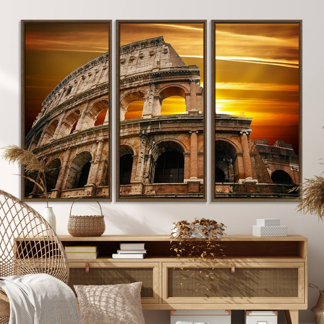 On the wall, theres a piece of art titled Colosseum with Yellow Sunset Behind, Italy.