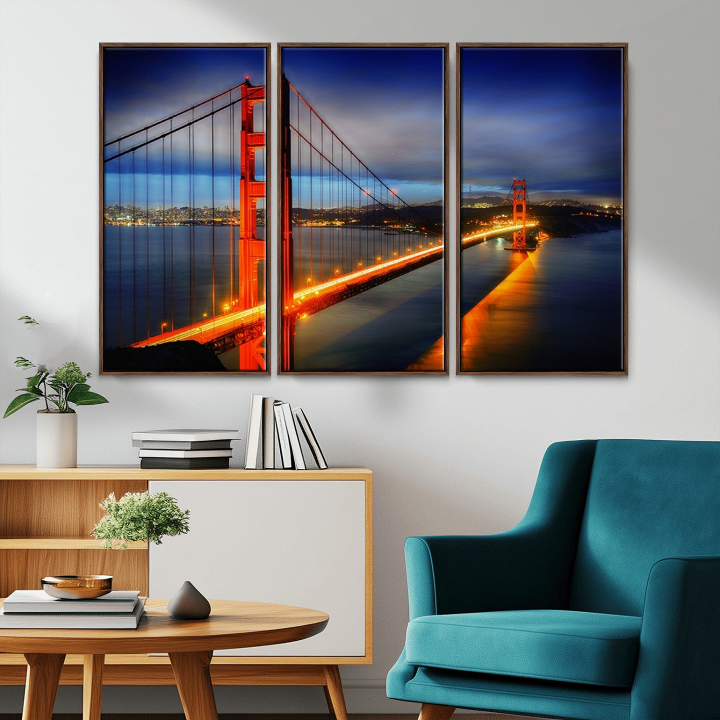 MGV-FC-48X32-3P - Large Wall Art San Francisco Canvas Print - Wonderful Golden Gate Bridge at Twilight