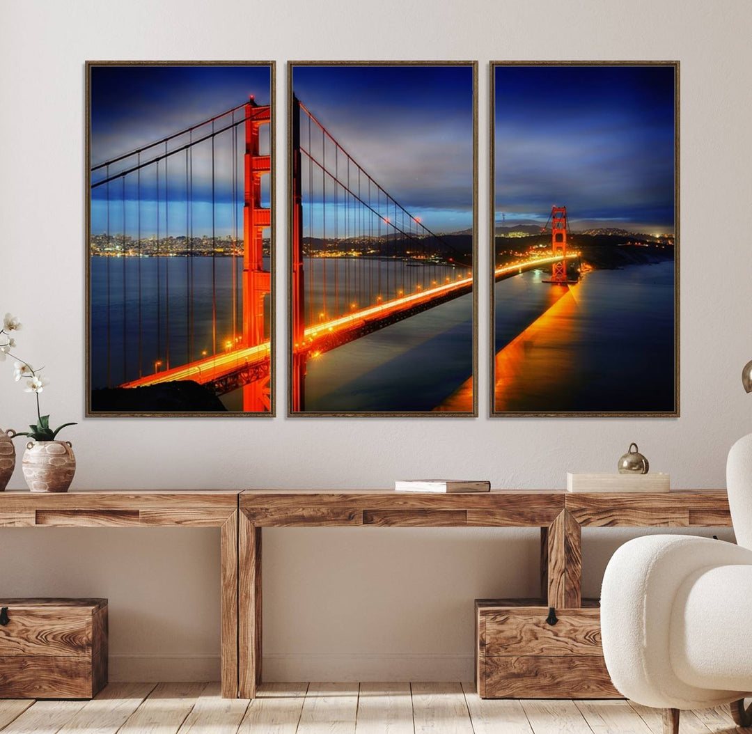 A large wall art San Francisco canvas print of the Golden Gate Bridge at twilight is displayed on a porch.