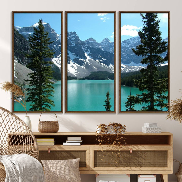 Canadian Rockies Moraine Lake Landscape Canvas Print showcasing a turquoise lake and mountain view.