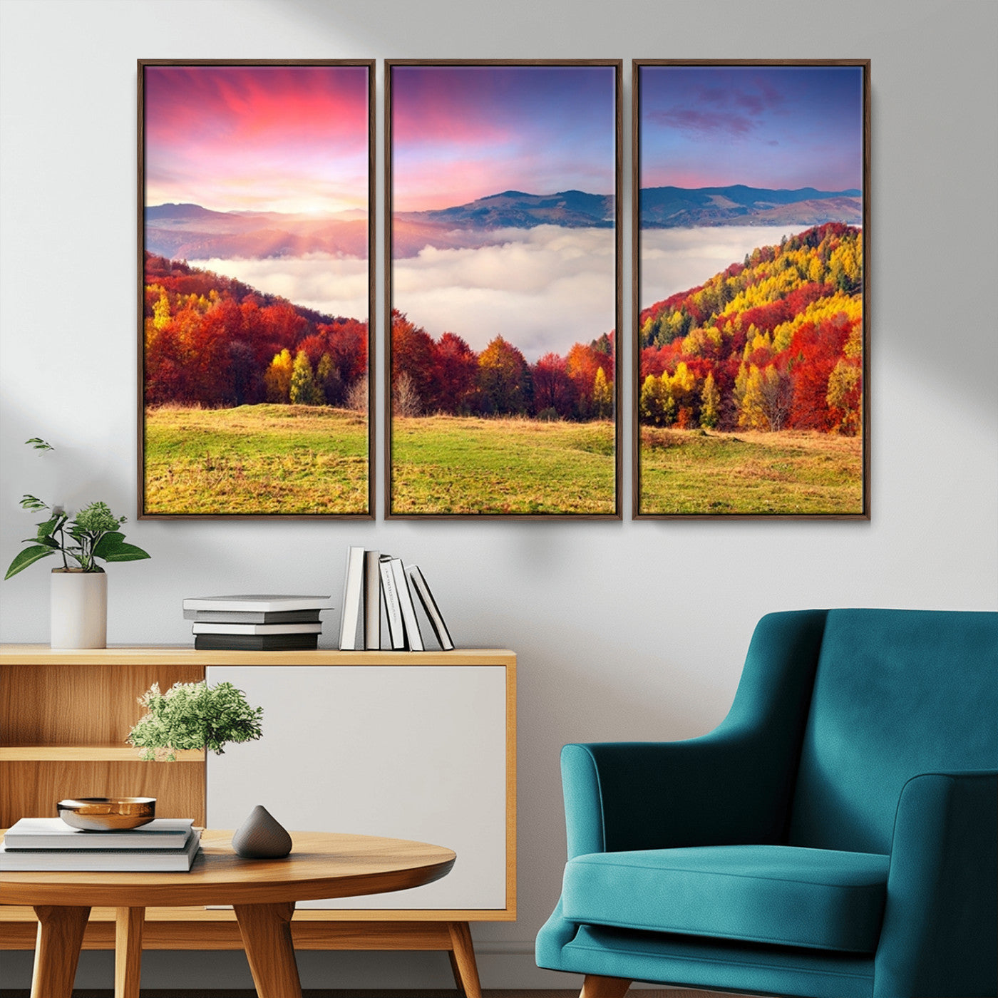 MGV-FC-48X32-3P - Autumn Mountain Foggy Landscape Wall Art Canvas Print | Beautiful Forest Canvas Print | Misty
