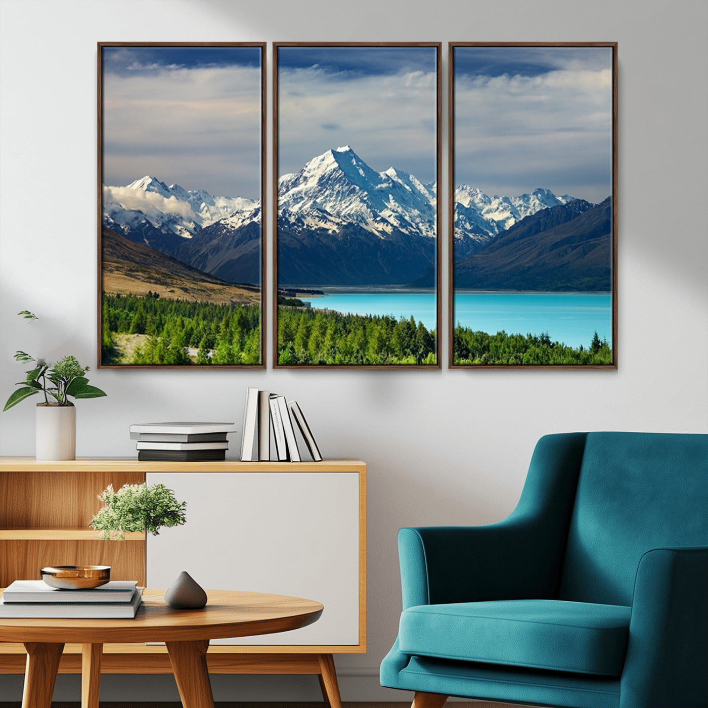 MGV-FC-48X32-3P - Mount Cook and Lake Pukaki Canvas Wall Art Print – Majestic Snow-Capped Peaks and Serene Lake Wall