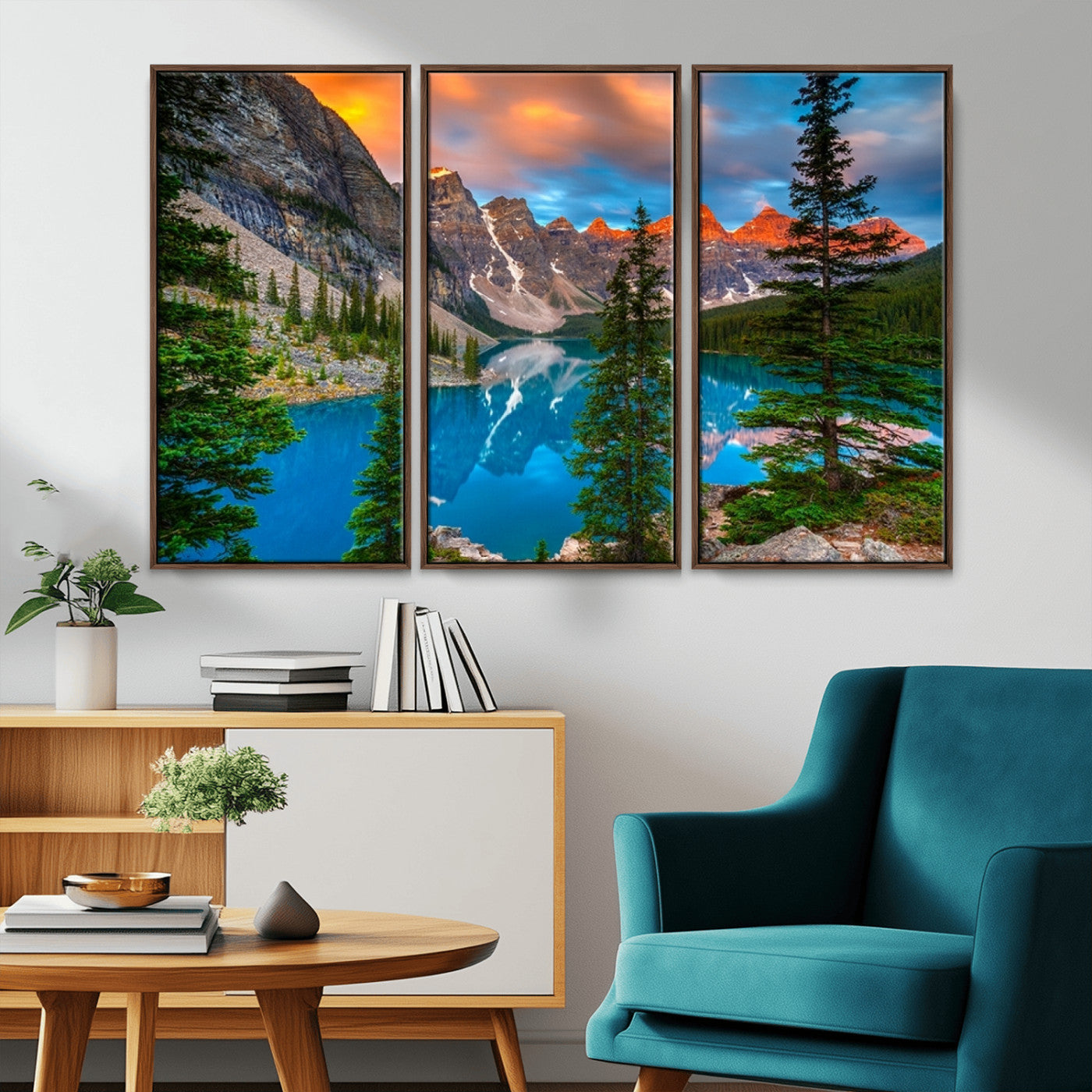 MGV-FC-48X32-3P - Canadian Rockies Moraine Lake Wall Art Canvas Print, Pine Trees Mountain Spring Canvas Print