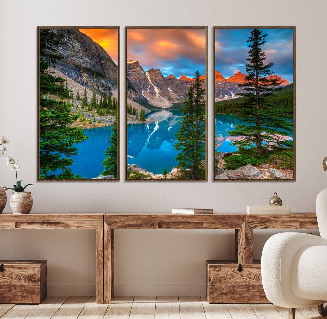 The dining room features a stunning piece of wall art depicting the Canadian Rockies Moraine Lake.