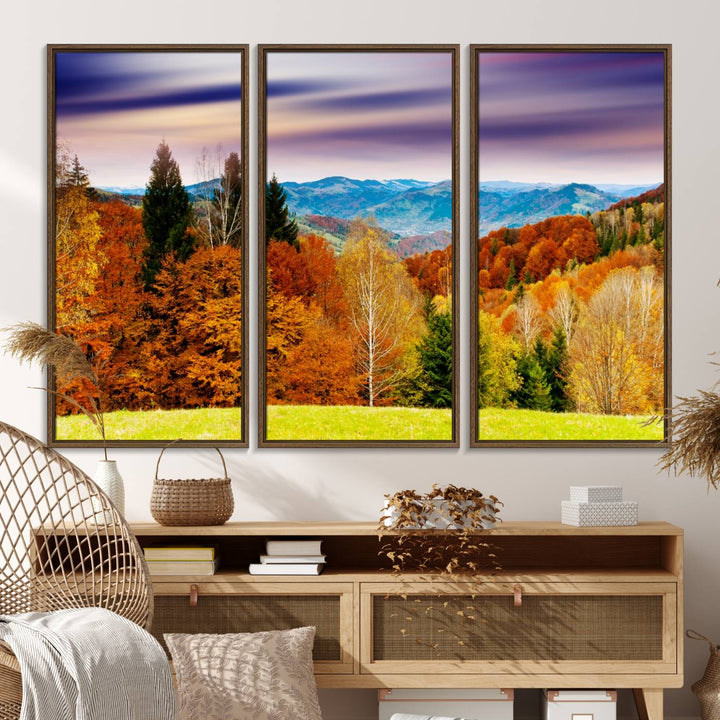 The wall art in the kitchen dining area is a large Autumn Forest Mountain Canvas Print that captures a vivid scenic landscape.