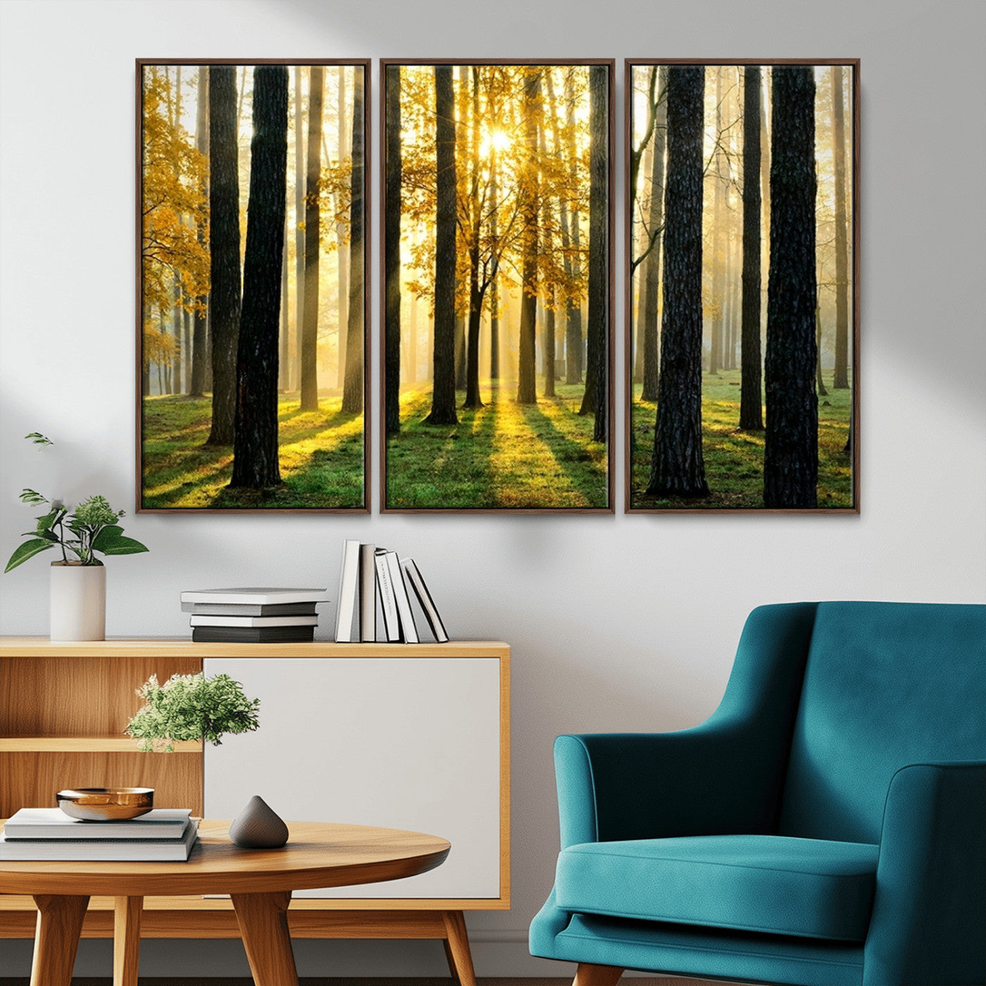 MGV-FC-48X32-3P - Sunlit Forest Canvas Wall Art – Serene Woodland Triptych Landscape Print – Nature-Inspired Decor for