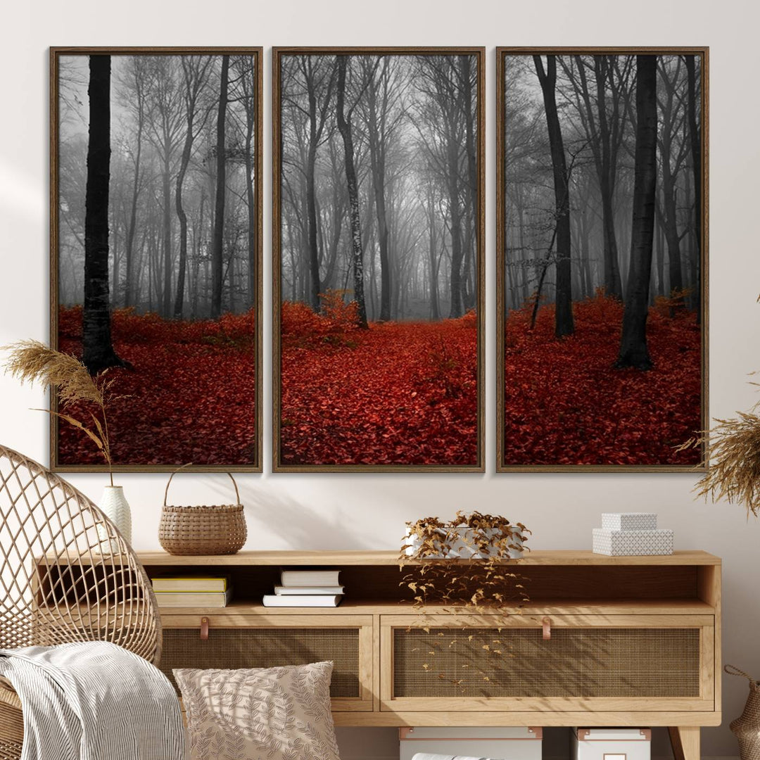 A large, museum-quality canvas print titled Wonderful Forest with Red Leaves.