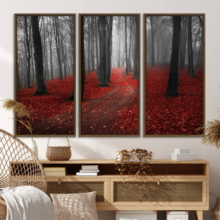 Wonderful Forest artwork: Triptych with red leaves, ideal for nature lovers.