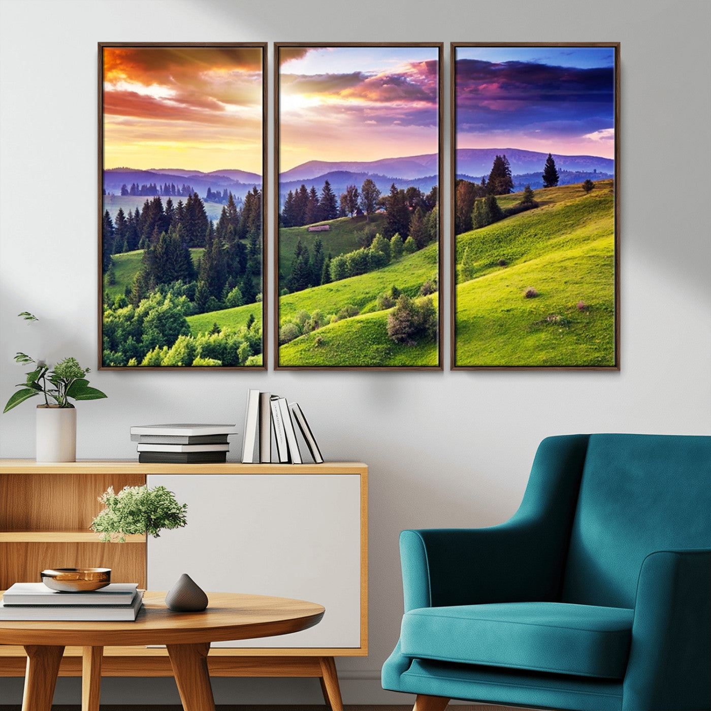 MGV-FC-48X32-3P - Green Hills and Sunset Wall Art Print - Scenic Landscape with Lush Greenery and Vibrant Sky, Ready