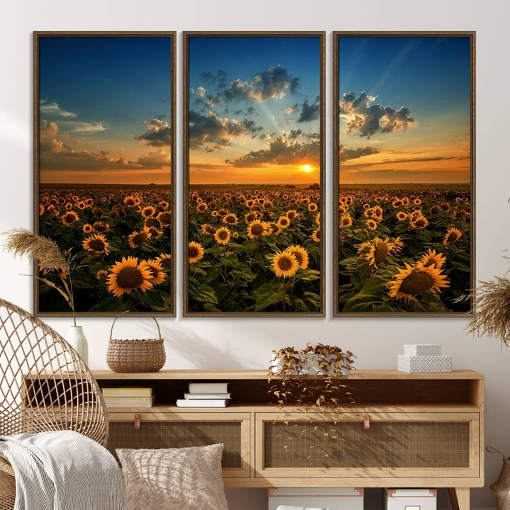 The dining area features the Sunflower Field Sunset Wall Art Canvas Print.