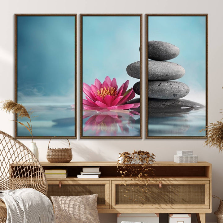 The dining room features a Zen Serenity Triptych wall art, showcasing a calming depiction of lotus flowers and balancing stones.