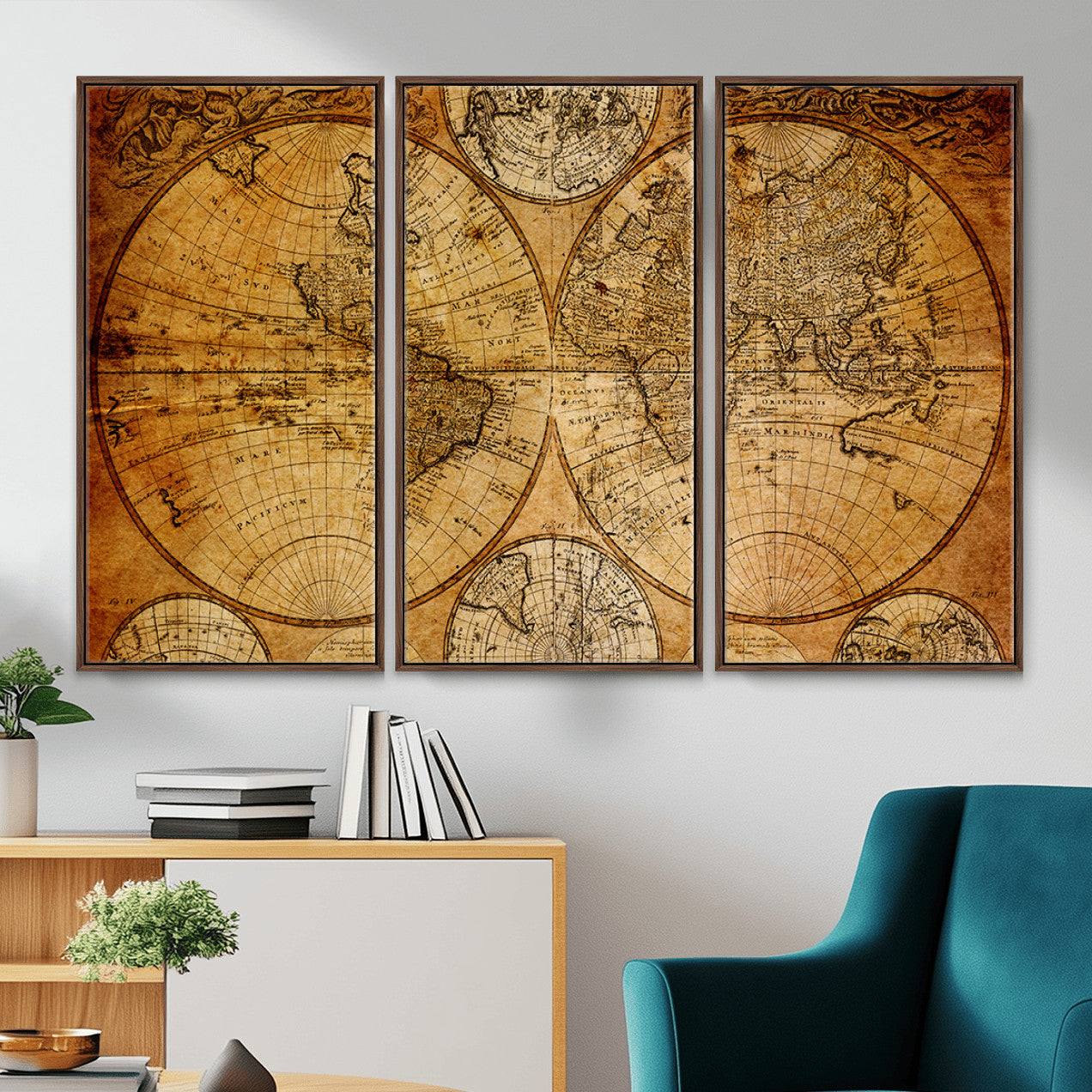 25517-MGV-FC-48X32-3P - Vintage World Map Canvas Print – Antique Push Pin Travel Map, Framed Wall Art for Home or Office Decor