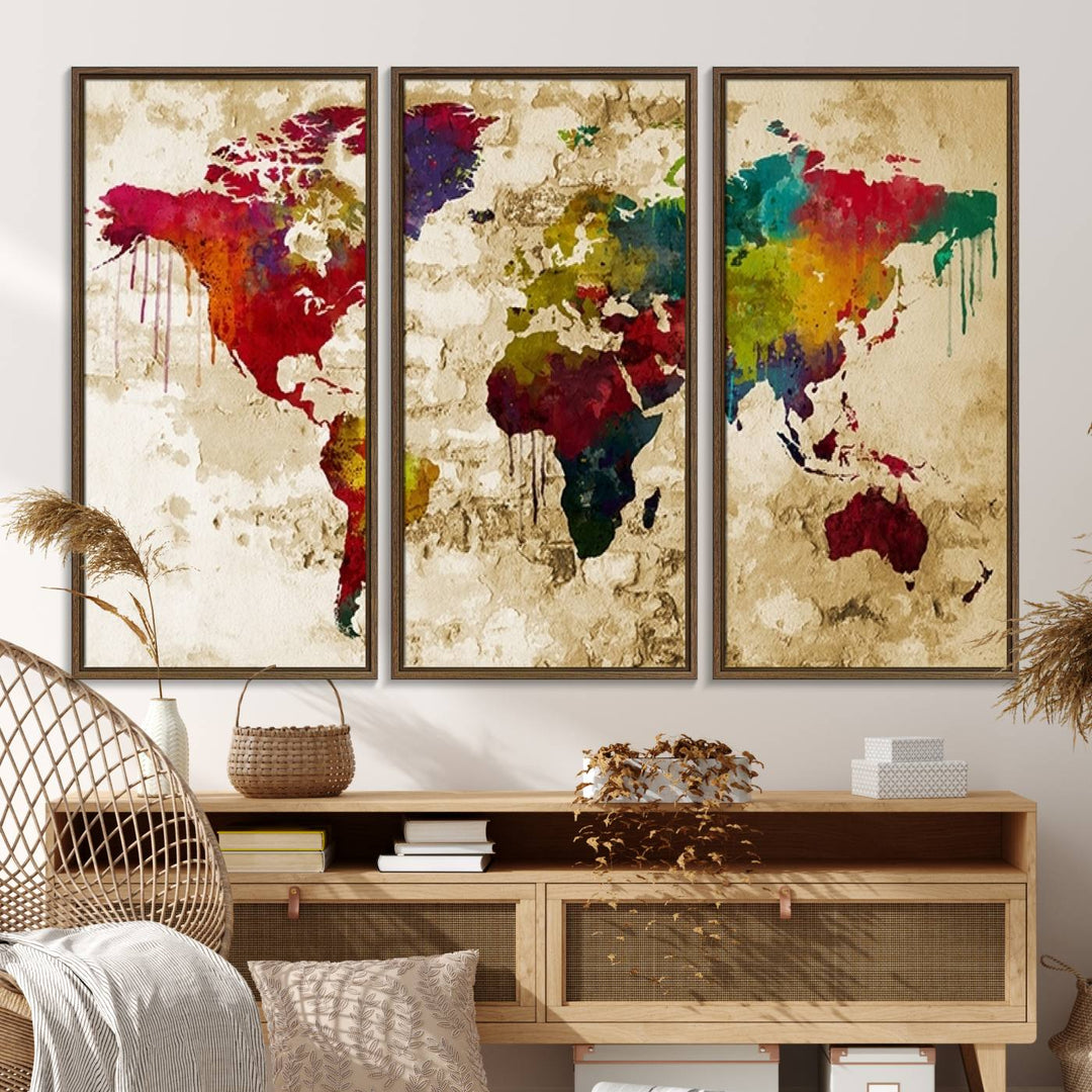 The Rainbow Colored Vintage World Map Canvas Print decorates the room.