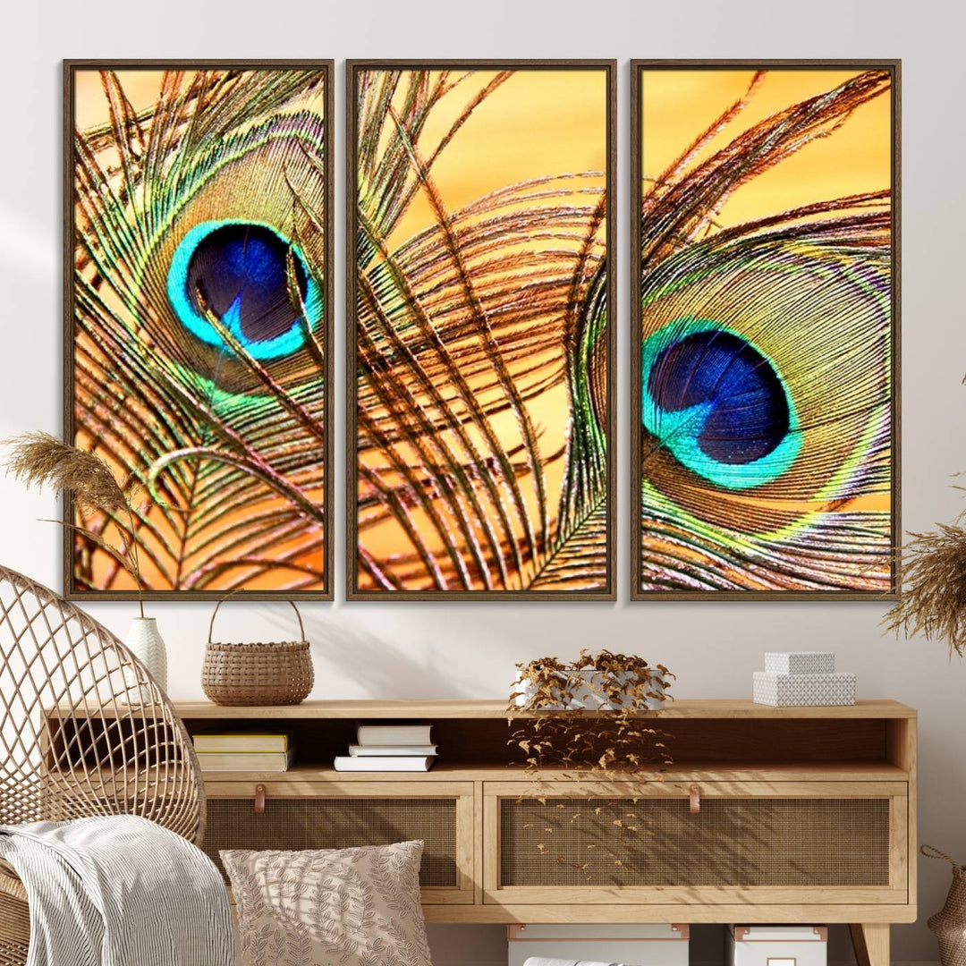 The room features vibrant peacock feather wall art.