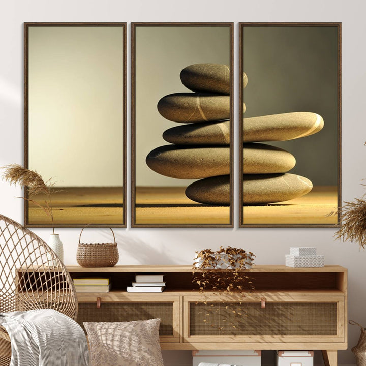 The Yellow Zen Stones on Yellow Background Wall Art is a striking feature in this minimalist kitchen.