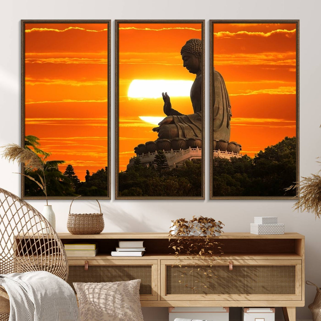 The Buddha Statue at Sunset canvas print adds serenity to the space.