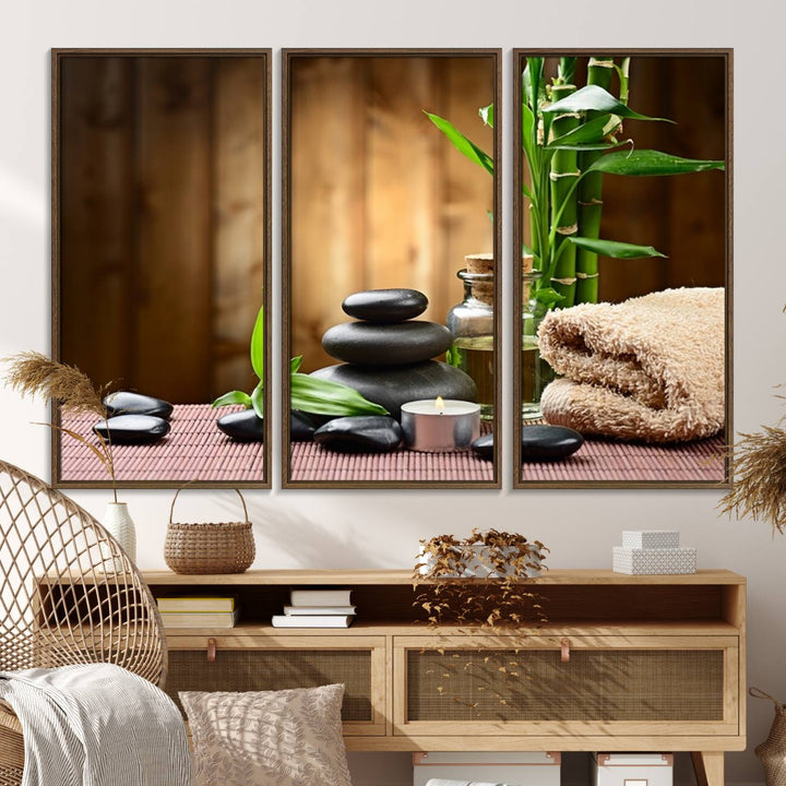 Zen Serenity Triptych Canvas Art: Pink Lotus Flower and Stones, Tranquil Water Lily Print, creating a peaceful spa ambiance.