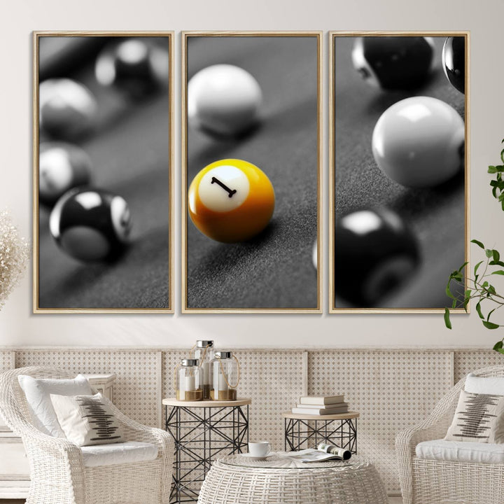 The Black and White Concept Billiard Balls Canvas Print elevates the space with museum-quality charm.