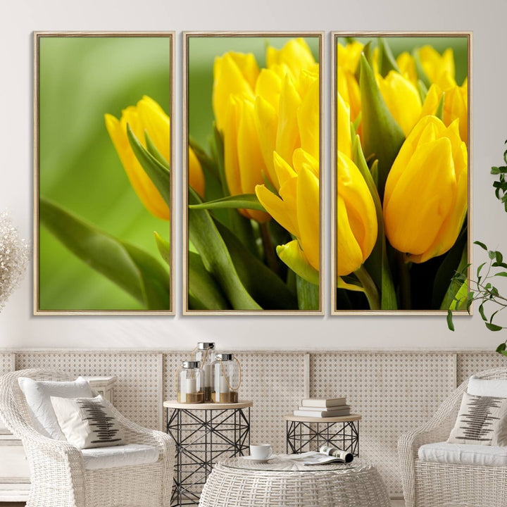 The Wall Art Yellow Tulips Canvas Print on a green background is featured.