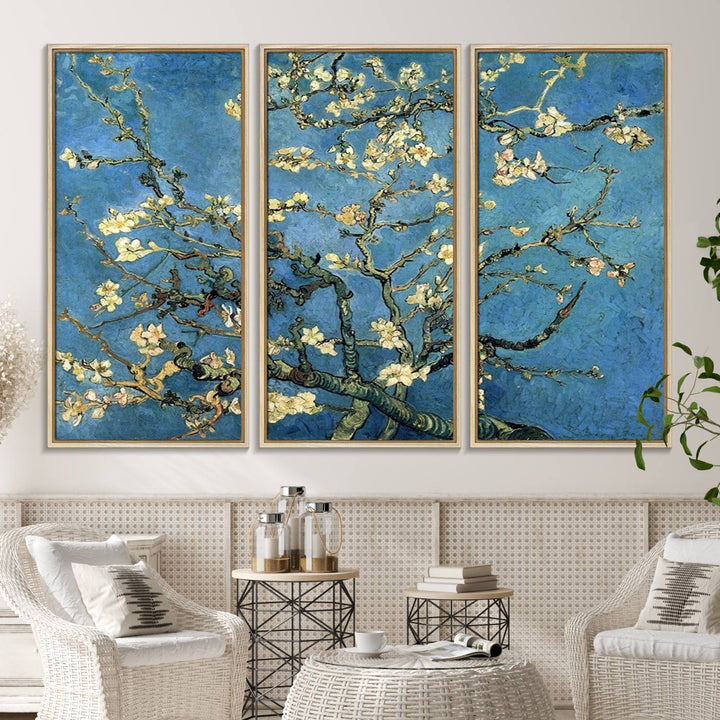 A Van Goghs Almond Blossom canvas print adds a touch of elegance to the wall.