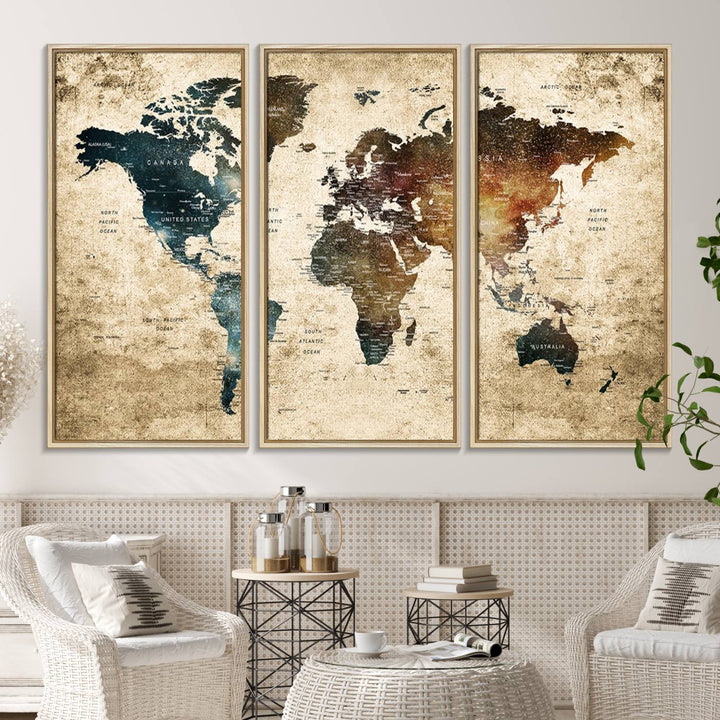 Vintage World Map Canvas Wall Art, perfect for antique-style decor, displayed against a light wood wall.