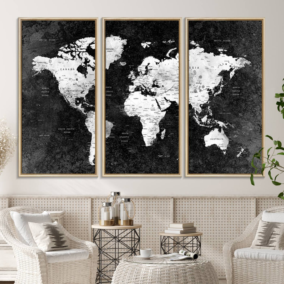 The dining room features a Modern Grayscale World Map 3-Panel Canvas Art as its focal point.