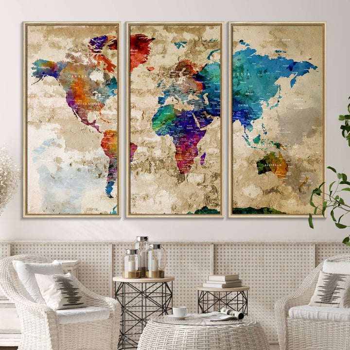 An Abstract Large Watercolor World Map Canvas Print hangs prominently.