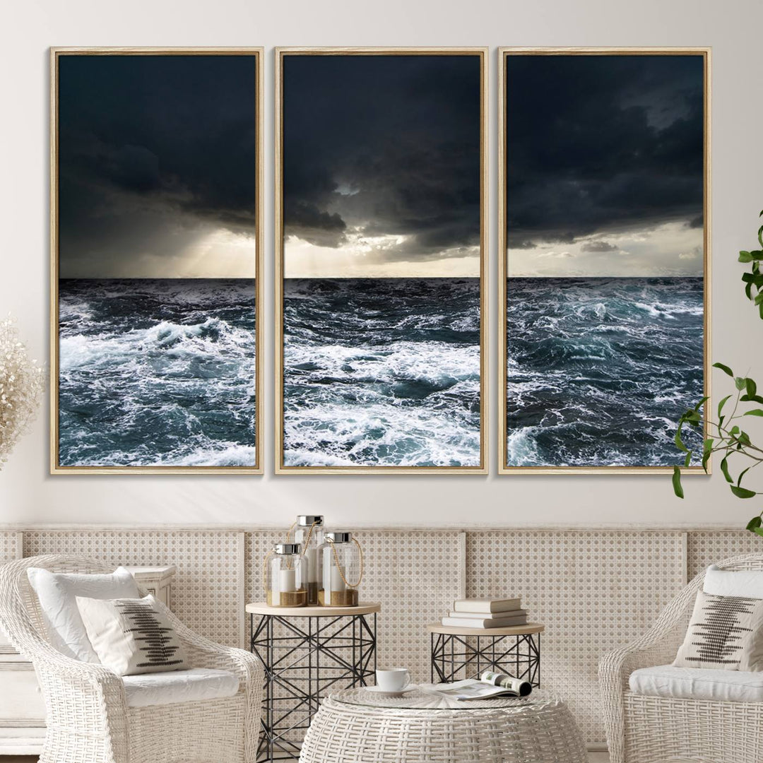 A Dark Clouds Stormy Sea canvas print, ready to hang, enhances the room.