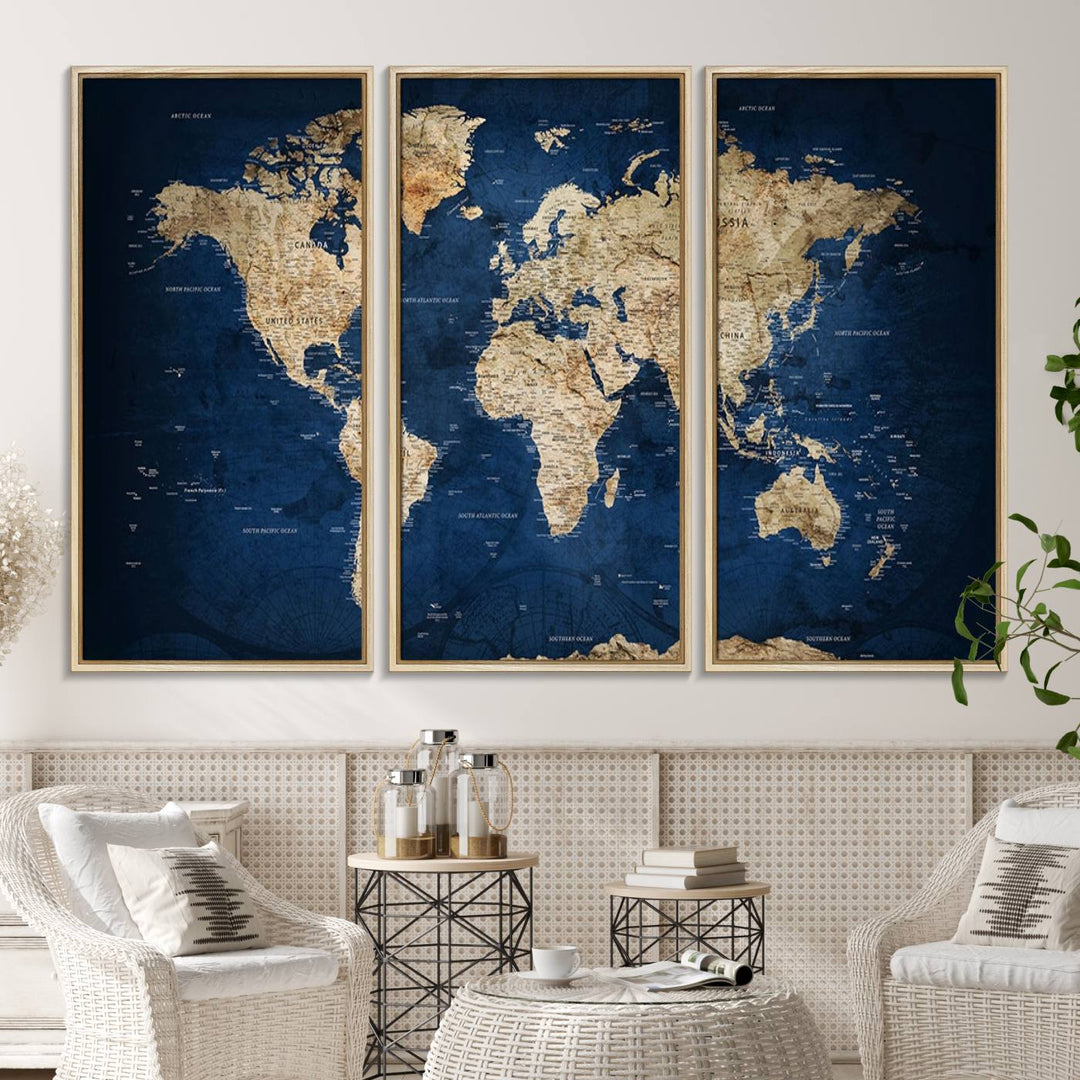 Classic Vintage Blue World Map Canvas Print featuring beige continents against a deep blue background.