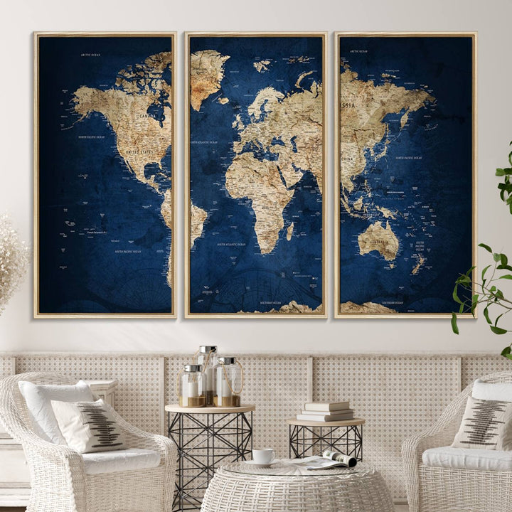 Classic Vintage Blue World Map Canvas Print featuring beige continents against a deep blue background.